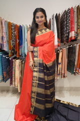 Mysore Silk sarees with Gandaberunda Design Contrast Border - Orange