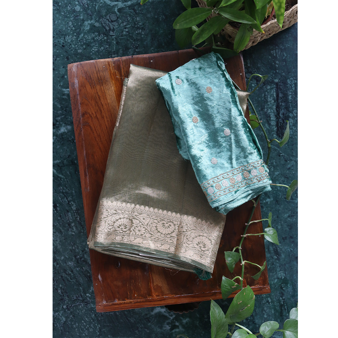 Tissue organza saree with velvet blouse