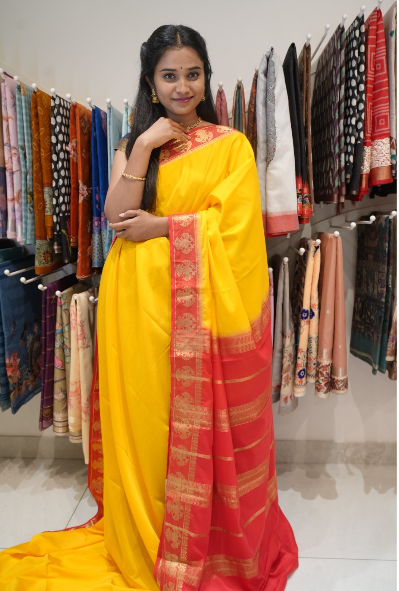 Mysore Silk sarees with  Gandaberunda Design  Contrast  Border - Mustard